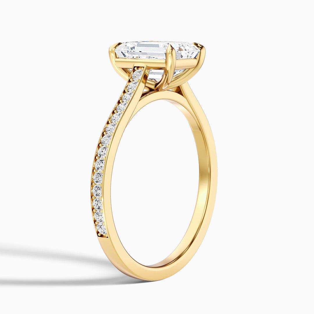 Eliza 3 Carat Emerald Cut Side Stone Pave Lab Grown Diamond Ring in 14k Rose Gold - Detail View