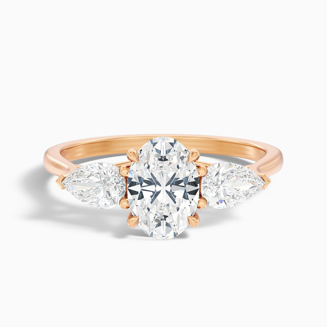 Jini 4 Carat Three Stone Oval Lab Grown Diamond Ring in 18k Rose Gold - Front View