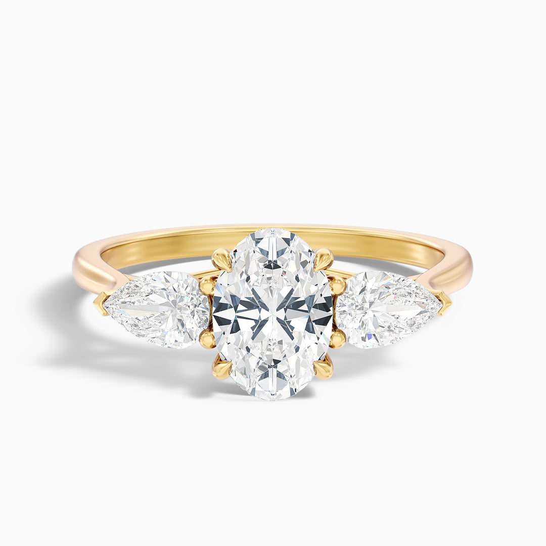 Jini 1 Carat Three Stone Oval Lab Grown Diamond Ring in 14k Yellow Gold - Front View