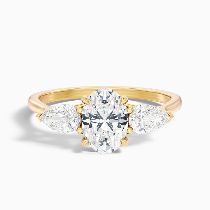 Jini 2.5 Carat Three Stone Oval Lab Grown Diamond Ring in 10k Yellow Gold - Front View