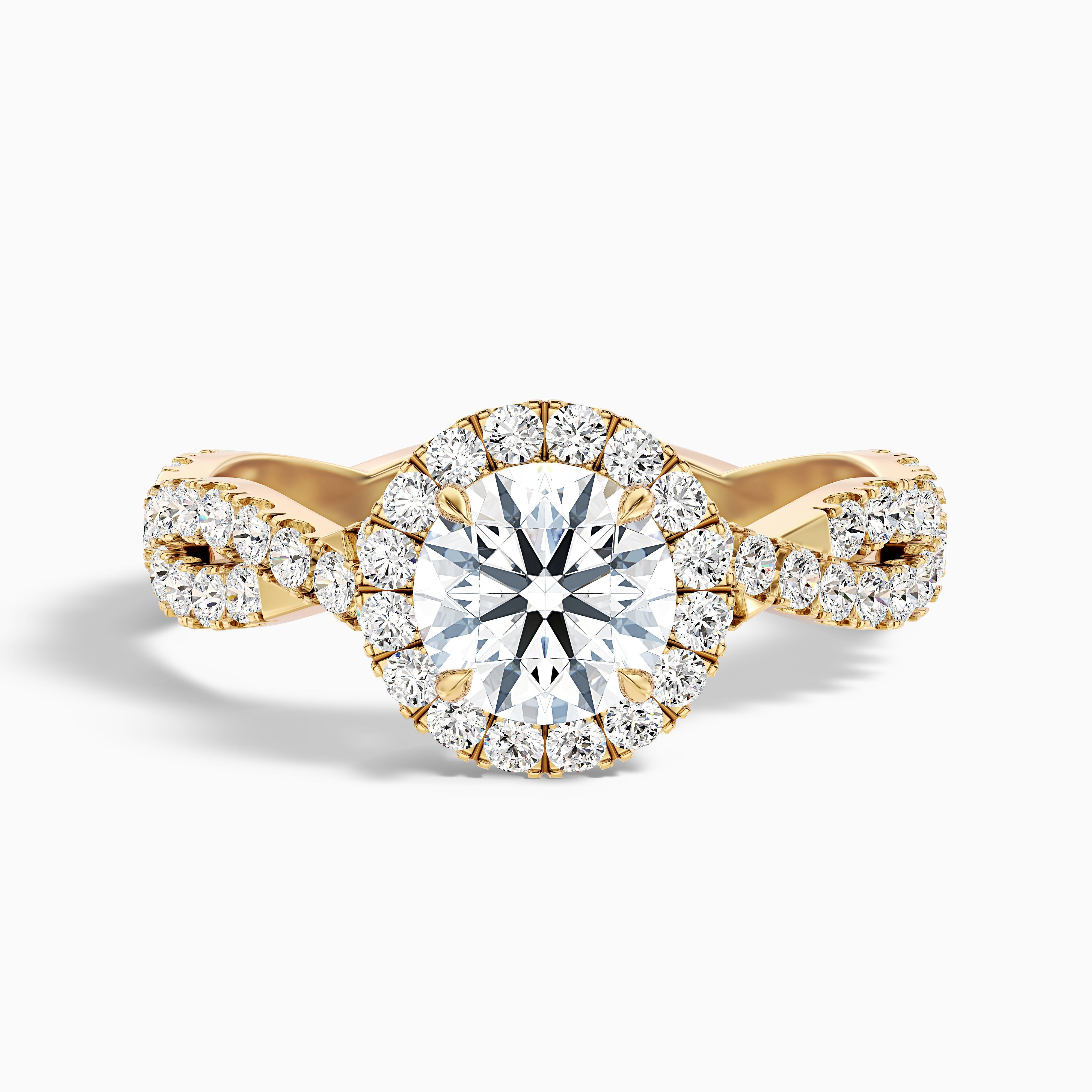 Lilly 2 Carat Round Cut Halo Twisted Pave Lab Grown Diamond Ring in 18k Yellow Gold