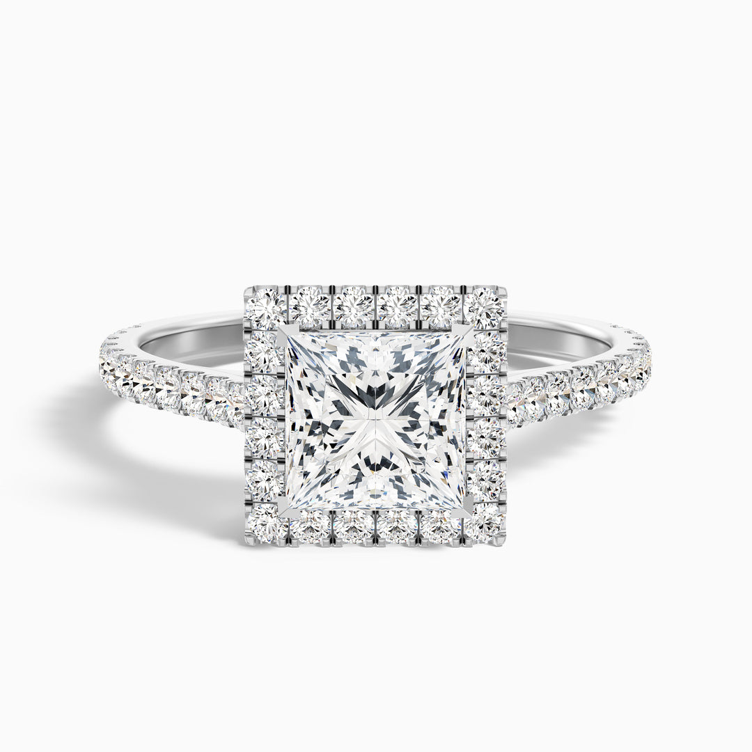 Love 3 Carat Princess Halo Pave Lab Grown Diamond Ring in 10k White Gold - Front View