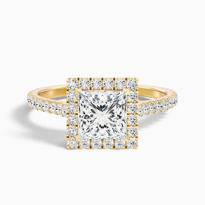 Love 4 Carat Princess Halo Pave Lab Grown Diamond Ring in 14k Yellow Gold - Front View