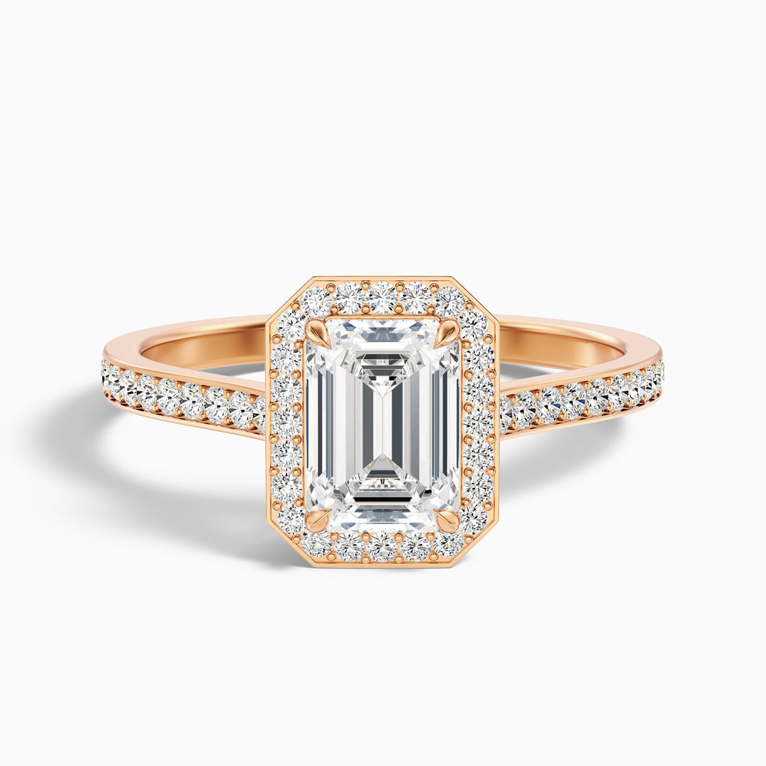 bell 7 carat emerald cut halo pave moissanite engagement ring in 14k rose gold -  Front View