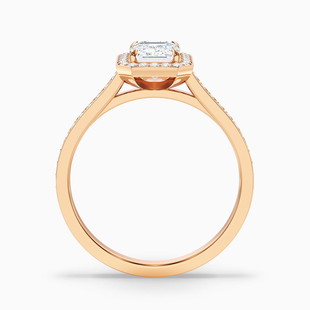 bell 6 carat emerald cut halo pave moissanite engagement ring in 10k rose gold -  Side View