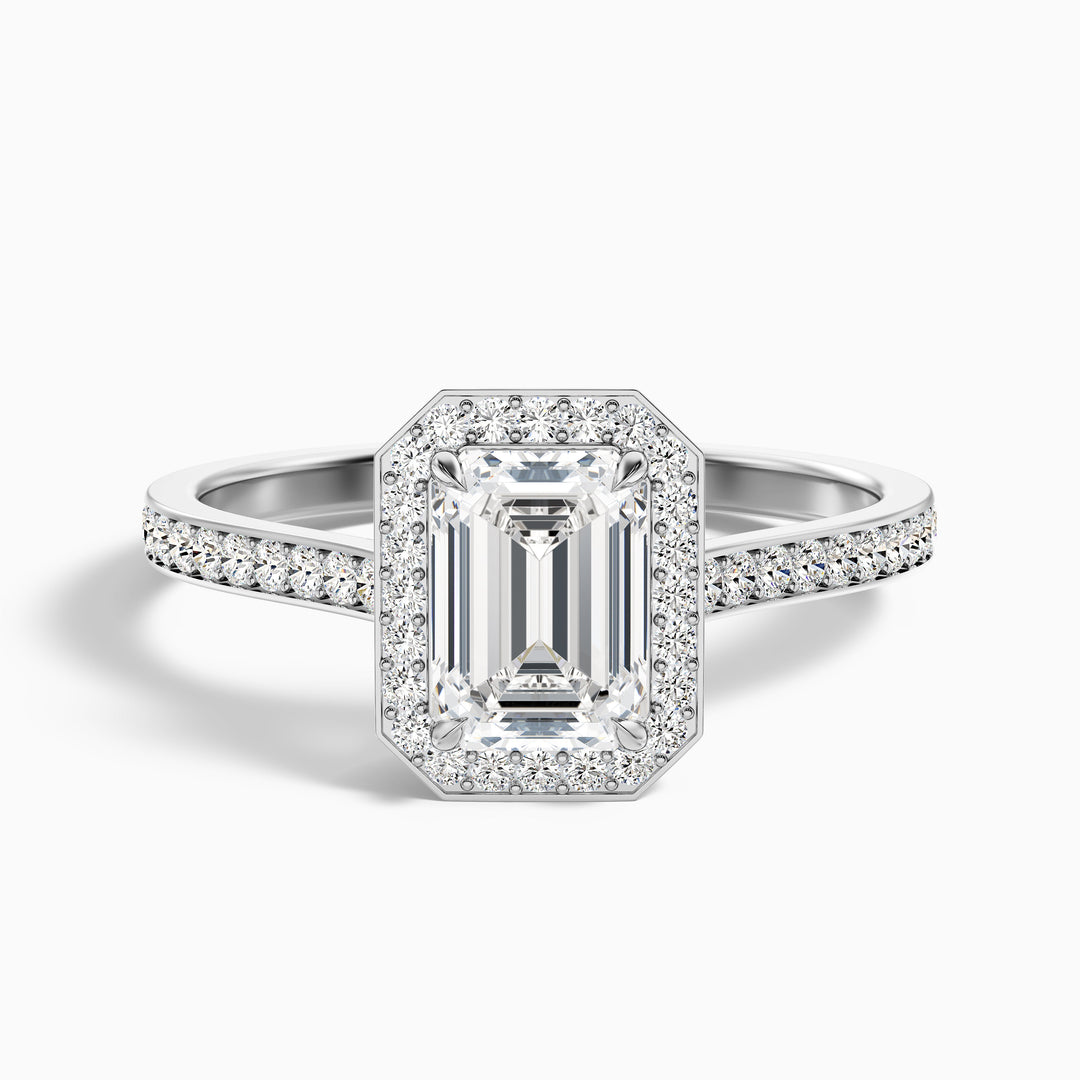 bell 9 carat emerald cut halo pave moissanite engagement ring in 14k white gold -  Front View