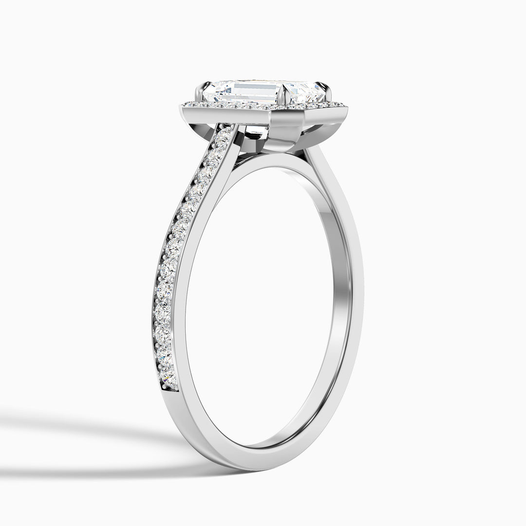 Lucy 3.5 Carat Emerald Cut Halo Pave Lab Grown Diamond Ring in 14k White Gold - Detail View