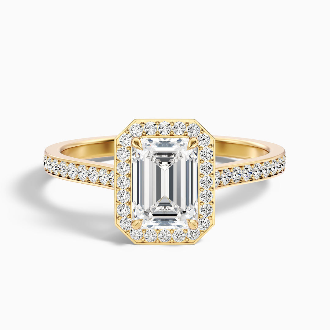 Lucy 2.5 Carat Emerald Cut Halo Pave Lab Grown Diamond Ring in 14k Yellow Gold - Front View