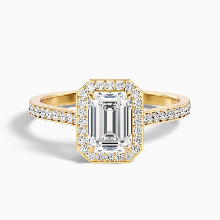 Lucy 2.5 Carat Emerald Cut Halo Pave Lab Grown Diamond Ring in 14k Yellow Gold - Front View