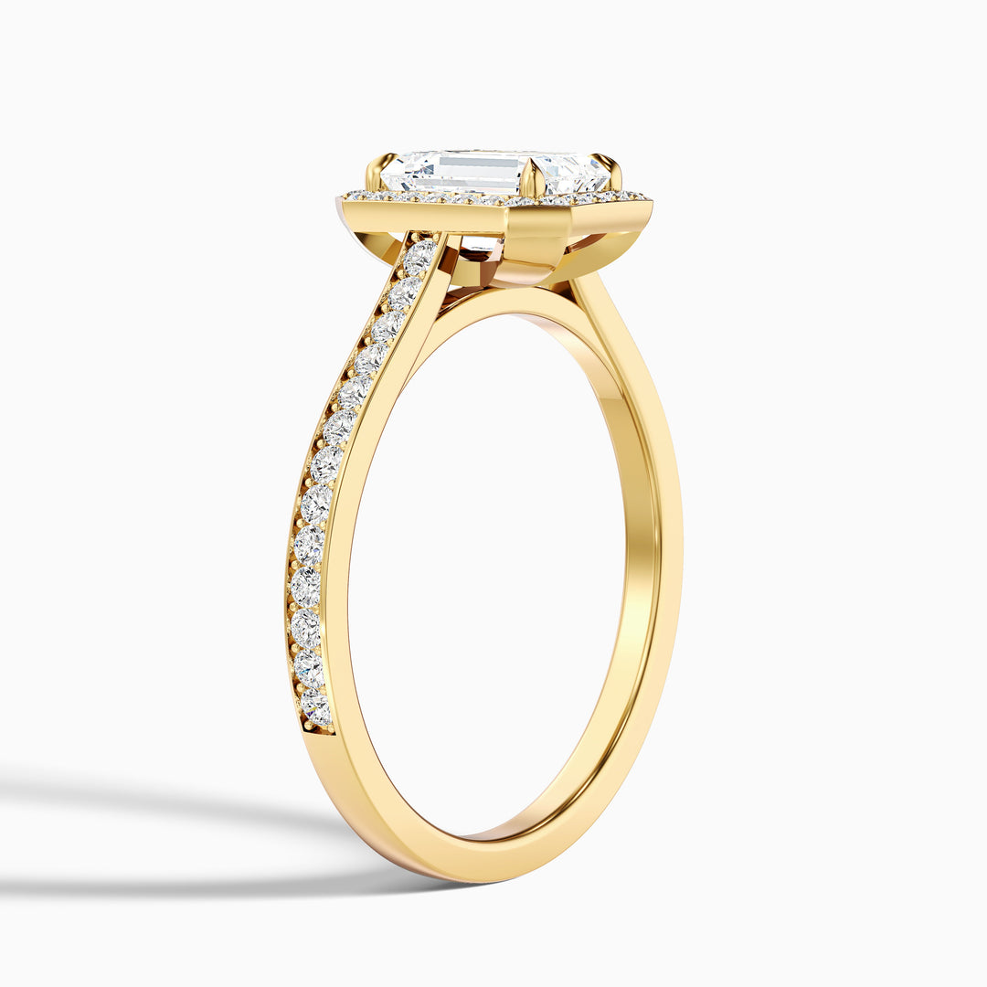 Lucy 3.5 Carat Emerald Cut Halo Pave Lab Grown Diamond Ring in 18k Yellow Gold - Detail View