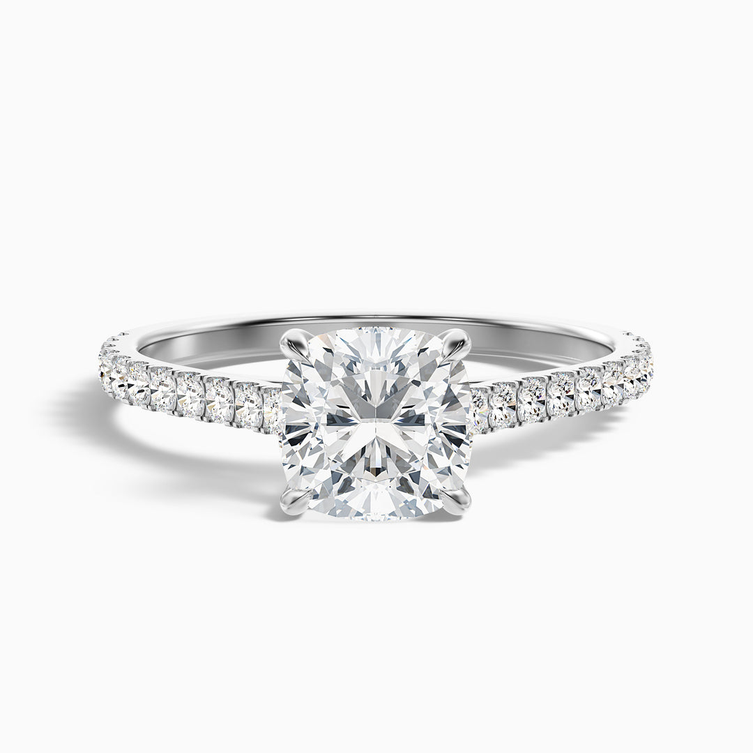 Lea 3 Carat Cushion Cut Side Stone Pave Lab Grown Diamond Ring in 10k White Gold - Front View