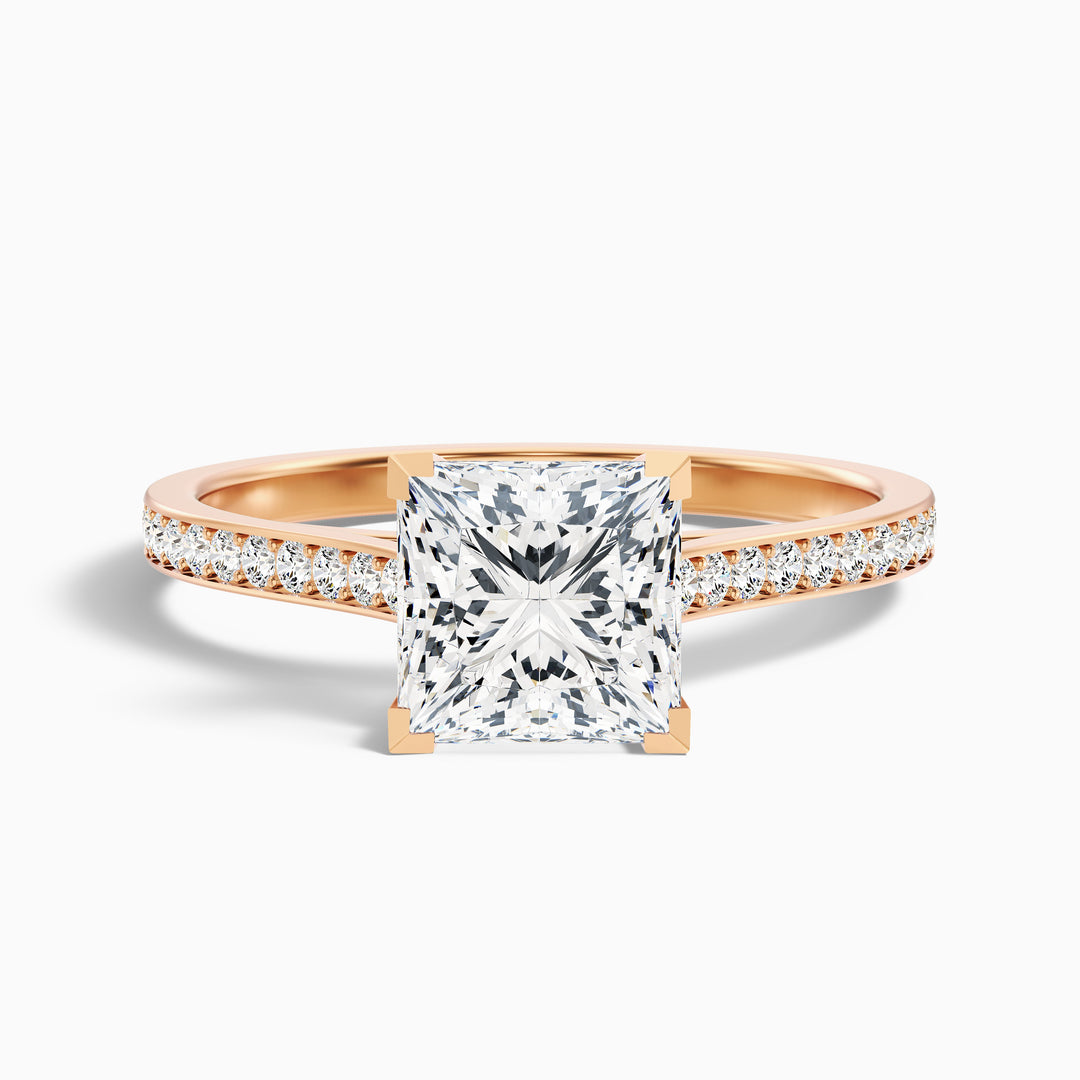 Pearl 3.5 Carat Princess Cut Side Stone Pave Lab Grown Diamond Ring in 14k Yellow Gold - Front View