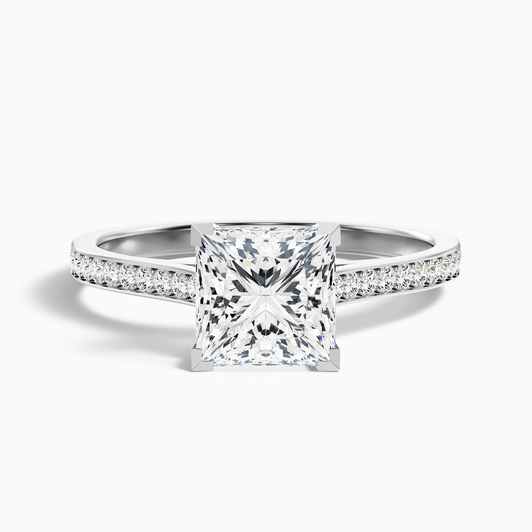 Pearl 1 Carat Princess Cut Side Stone Pave Lab Grown Diamond Ring in Platinum - Front View