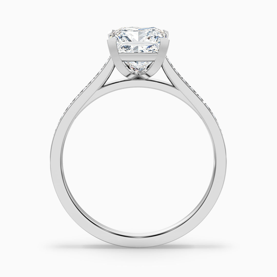 Pearl 4 Carat Princess Cut Side Stone Pave Lab Grown Diamond Ring in 14k White Gold - Side View