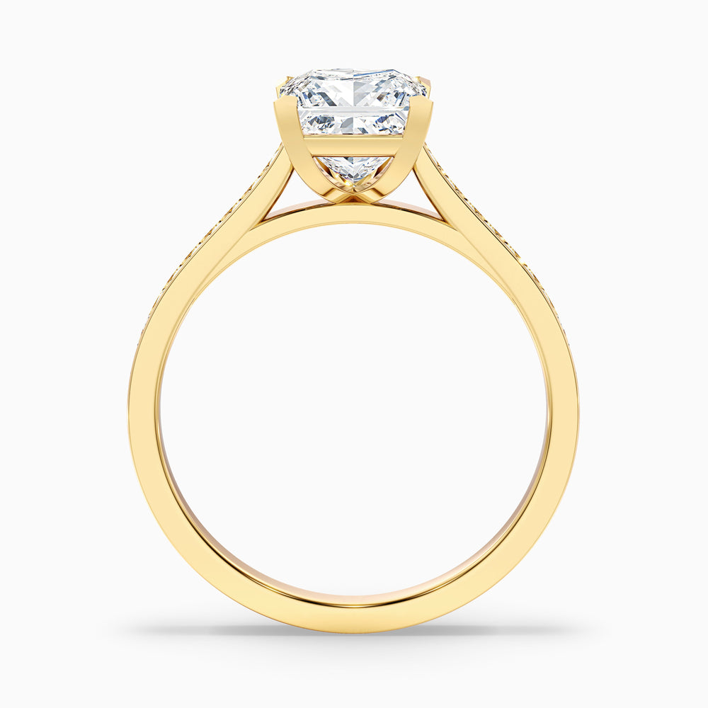 Pearl 3 Carat Princess Cut Side Stone Pave Lab Grown Diamond Ring in 10k Yellow Gold - Side View