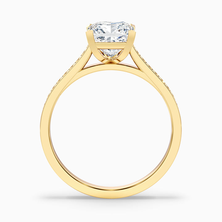 Pearl 3 Carat Princess Cut Side Stone Pave Lab Grown Diamond Ring in 10k Yellow Gold - Side View