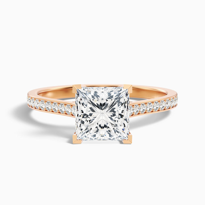 Asta 4 Carat Princess Cut Side Stone Pave Lab Grown Diamond Ring in 18k Rose Gold - Front View