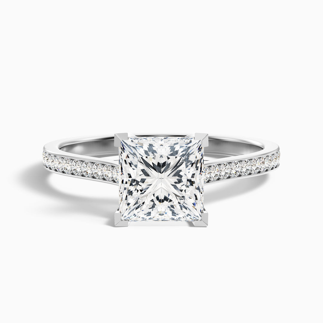 Asta 1.5 Carat Princess Cut Side Stone Pave Lab Grown Diamond Ring in 14k White Gold - Front View