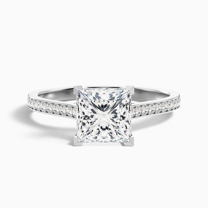 Asta 2.5 Carat Princess Cut Side Stone Pave Lab Grown Diamond Ring in 10k White Gold - Front View