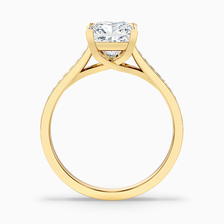 Asta 5 Carat Princess Cut Side Stone Pave Lab Grown Diamond Ring in 18k Yellow Gold - Side View