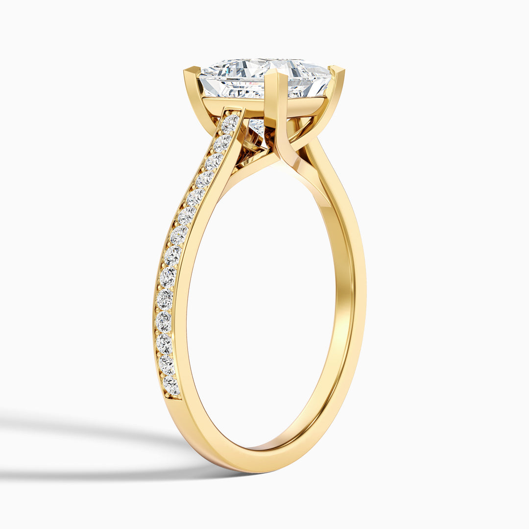 Asta 4.5 Carat Princess Cut Side Stone Pave Lab Grown Diamond Ring in 14k Yellow Gold - Detail View