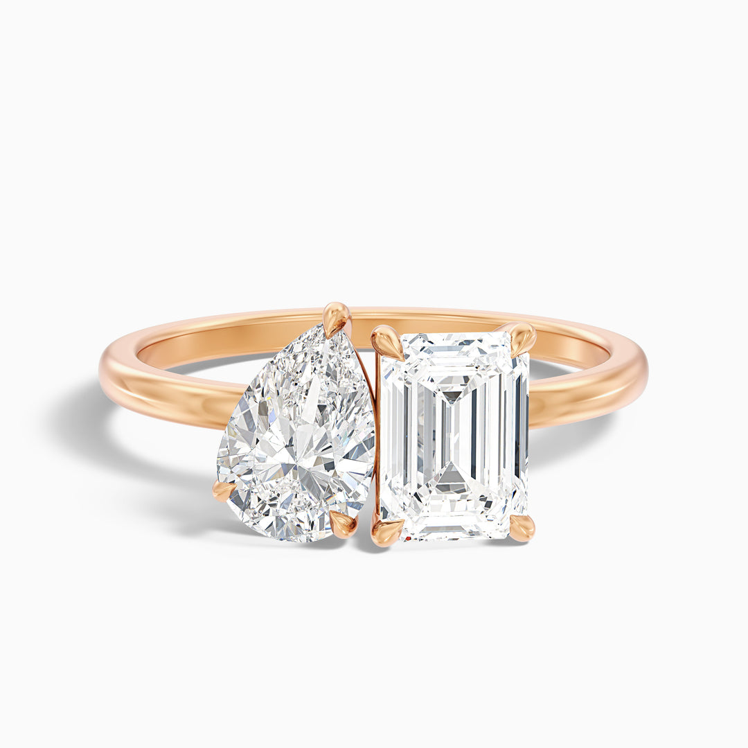 Flora Toi Et Moi Ring in 14k Rose Gold With Pear and Emerald Two Stone Moissanite Diamond (1 Ct. Tw.) - Front View