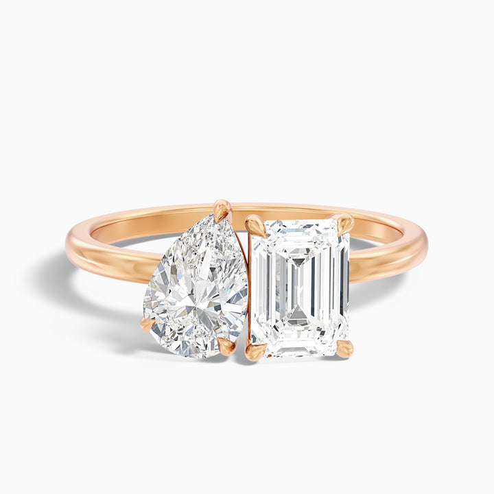 Flora Toi Et Moi Ring in 14k Rose Gold With Pear and Emerald Two Stone Moissanite Diamond (5 Ct. Tw.) - Front View