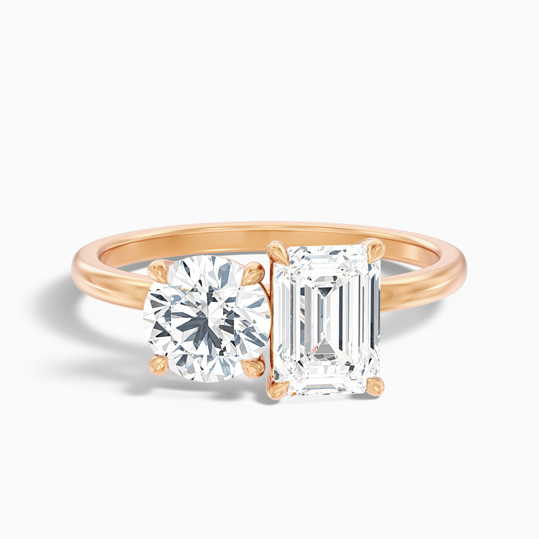 Faye Toi Et Moi Engagement Ring in 18k Rose Gold With Round and Emerald Two Stone Moissanite Diamond (3 Ct. Tw.) - Front View