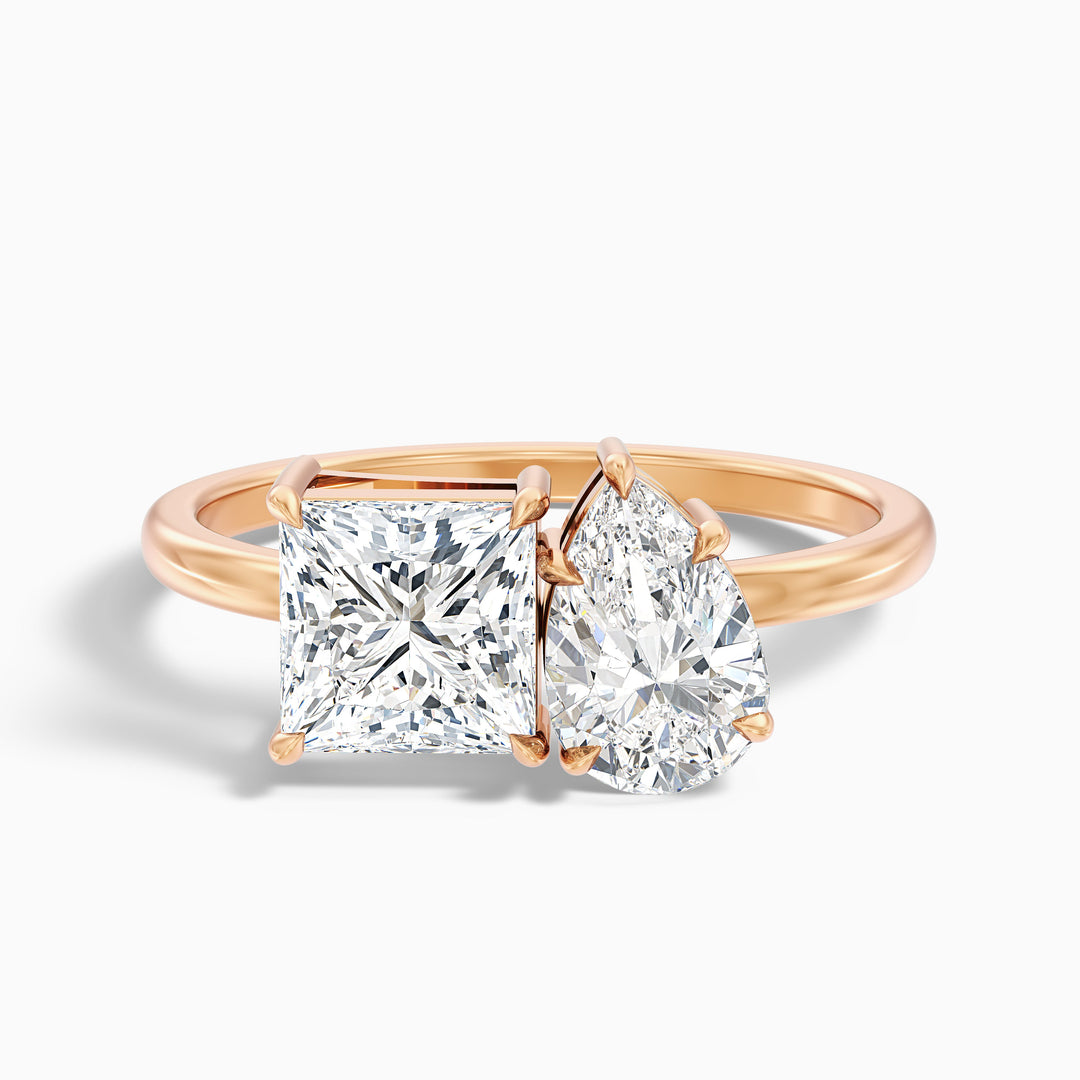 Rosie Toi Et Moi Moissanite Ring in 14k Rose Gold With Princess and Pear Two Stone Diamond (1 Ct. Tw.) - Front View