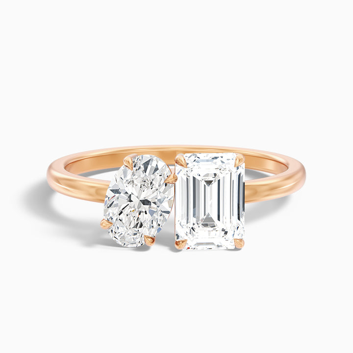 Emily Toi Et Moi Ring in 10k Rose Gold With Oval and Emerald Two Stone Moissanite Diamond (4.5 Ct. Tw.) - Front View