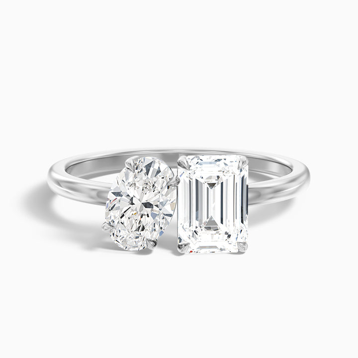 Emily Toi Et Moi Ring in 10k White Gold With Oval and Emerald Two Stone Moissanite Diamond (1.5 Ct. Tw.)