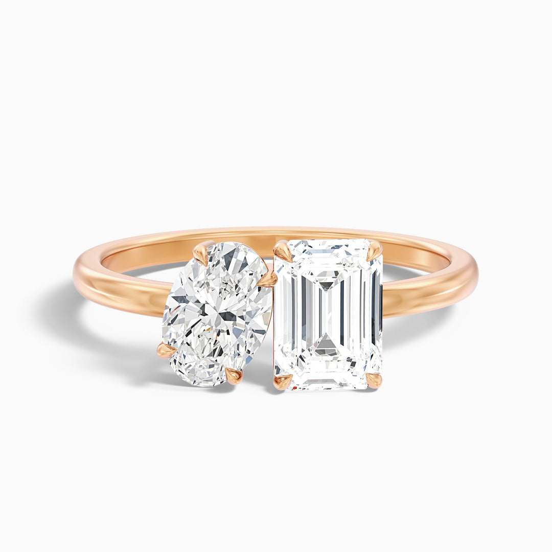 Emily Toi Et Moi Ring in 10k Rose Gold With Oval and Emerald Two Stone Moissanite Diamond (1 Ct. Tw.) - Front View