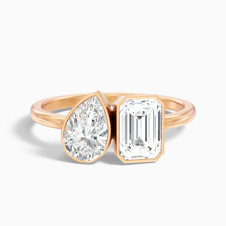 Tessa Toi Et Moi Engagement Ring in 10k Rose Gold With Pear and Emerald Two Stone Moissanite Diamond (3 Ct. Tw.) - Front View