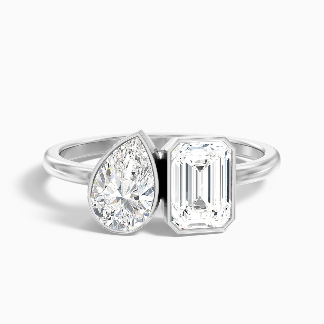 Tessa Toi Et Moi Engagement Ring in 925 Sterling Silver With Pear and Emerald Two Stone Moissanite Diamond (3 Ct. Tw.) - Front View