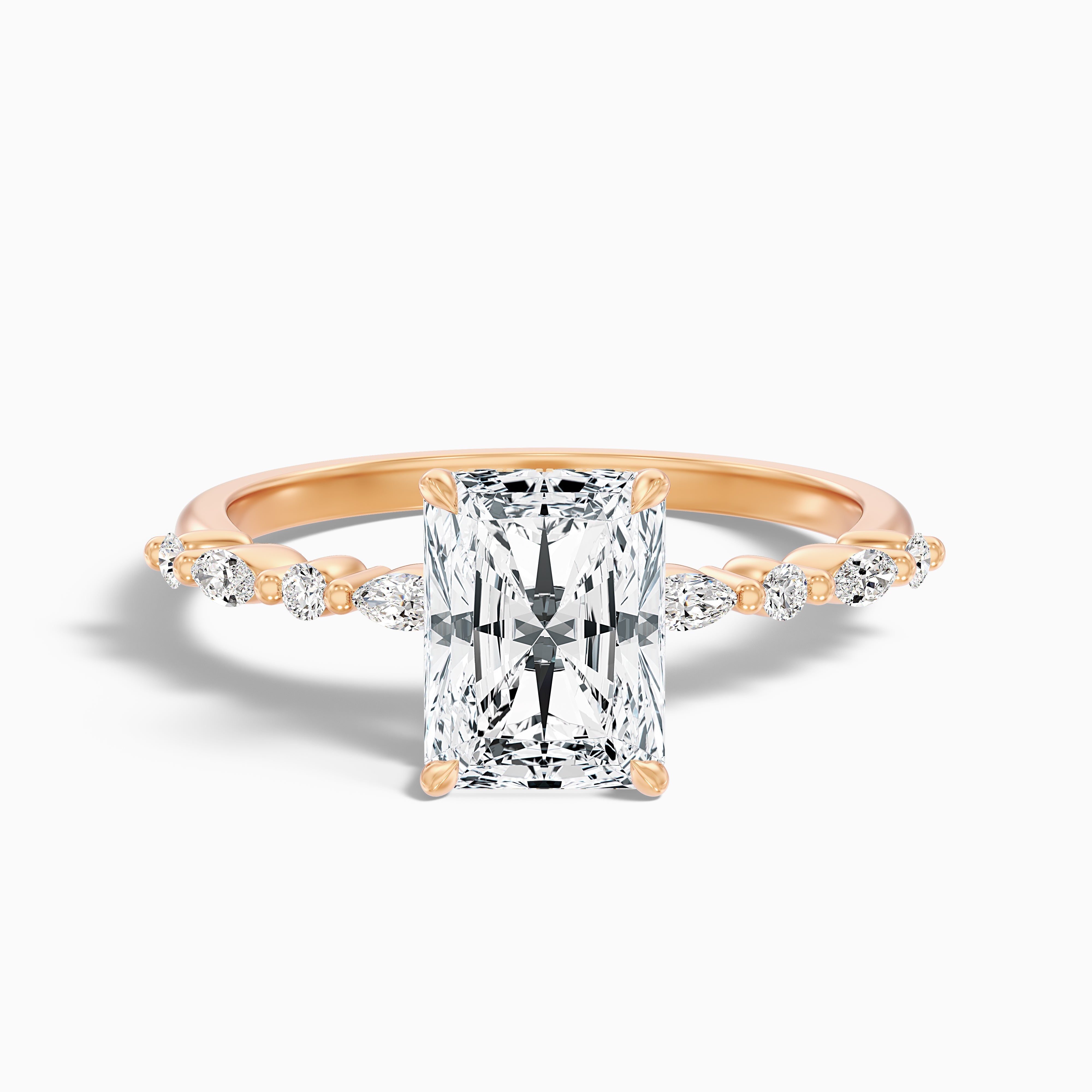 Erica 1 Carat Radiant With Side Stones and Hidden Halo Moissanite Engagement Ring in 10k Rose Gold