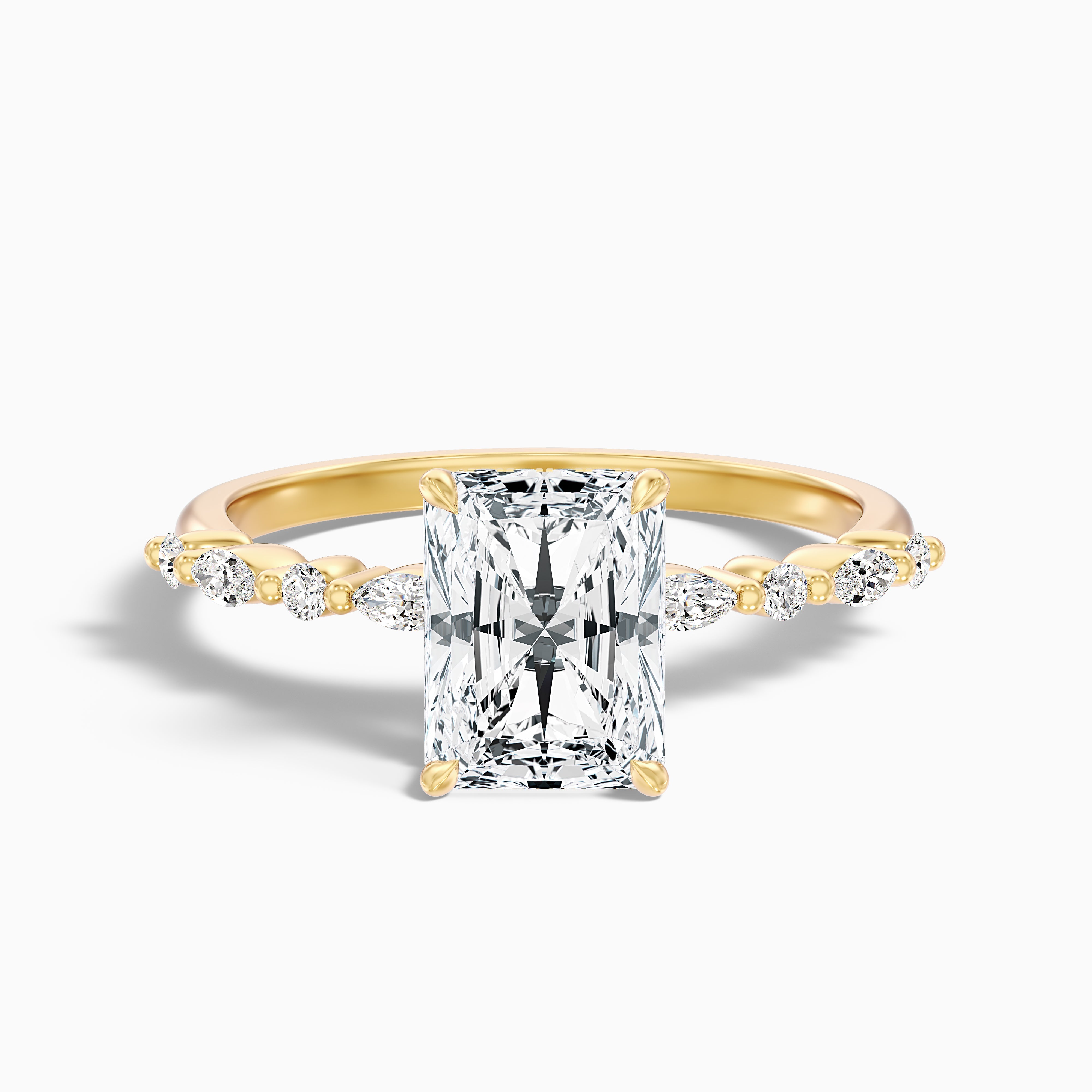 Erica 3 Carat Radiant With Side Stones and Hidden Halo Moissanite Engagement Ring in 10k Yellow Gold