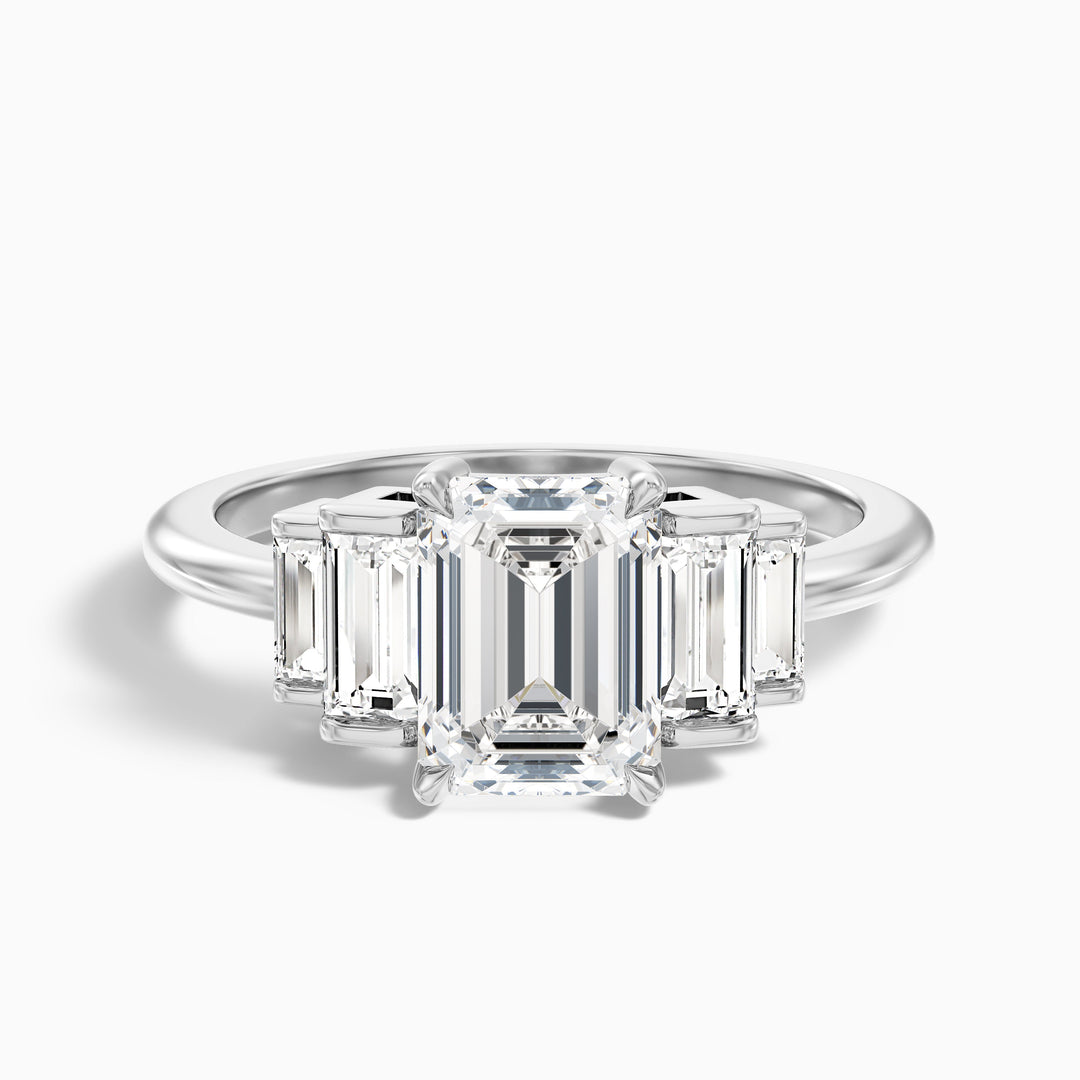 Kora 5 Carat Five Stone Emerald Cut With Baguette Side Stone Lab Grown Diamond Ring in 925 Sterling Silver