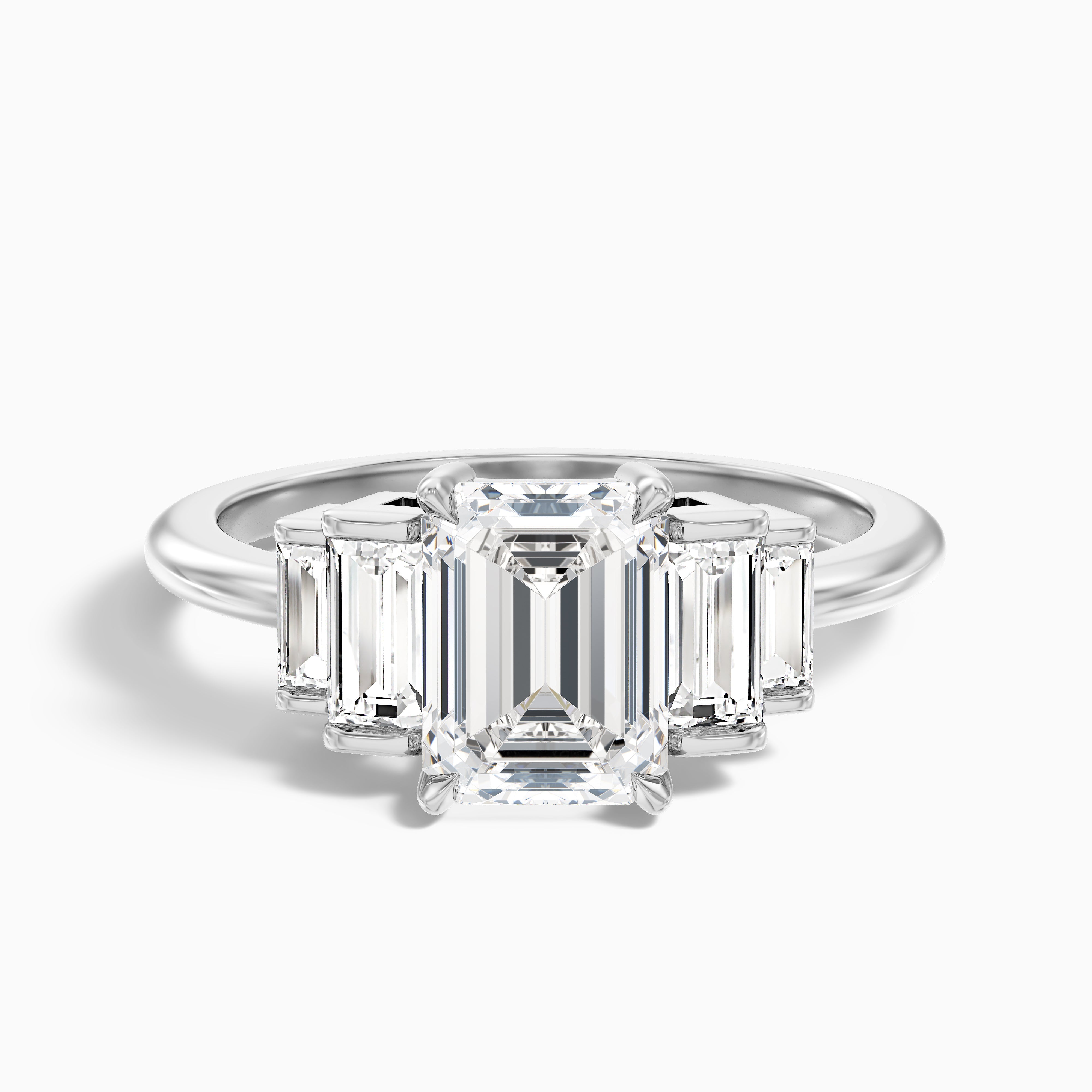 Kora 3 Carat Five Stone Emerald Cut With Baguette Side Stone Lab Grown Diamond Ring in 14k White Gold
