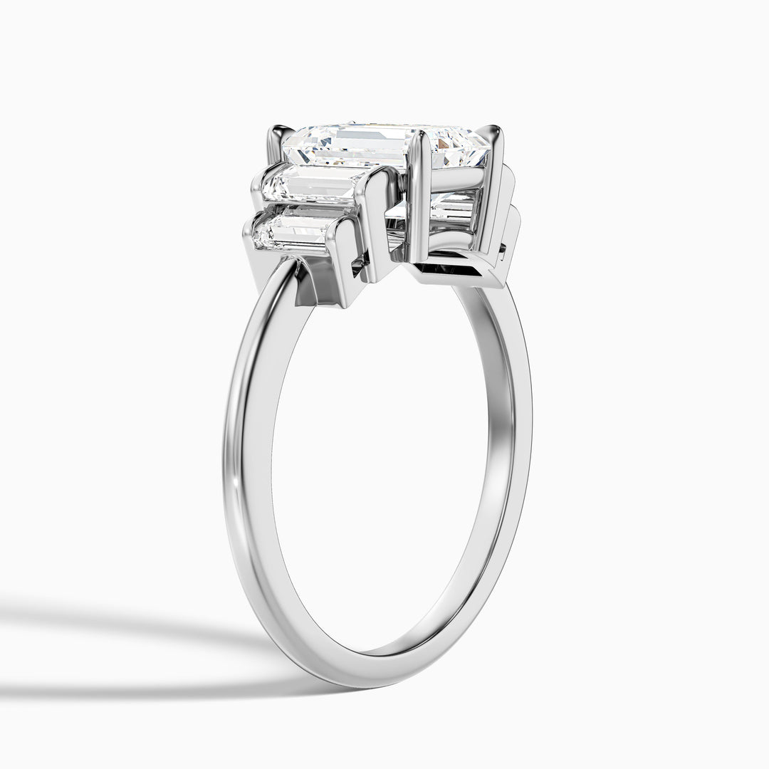 Kora 5 Carat Five Stone Emerald Cut With Baguette Side Stone Lab Grown Diamond Ring in 925 Sterling Silver