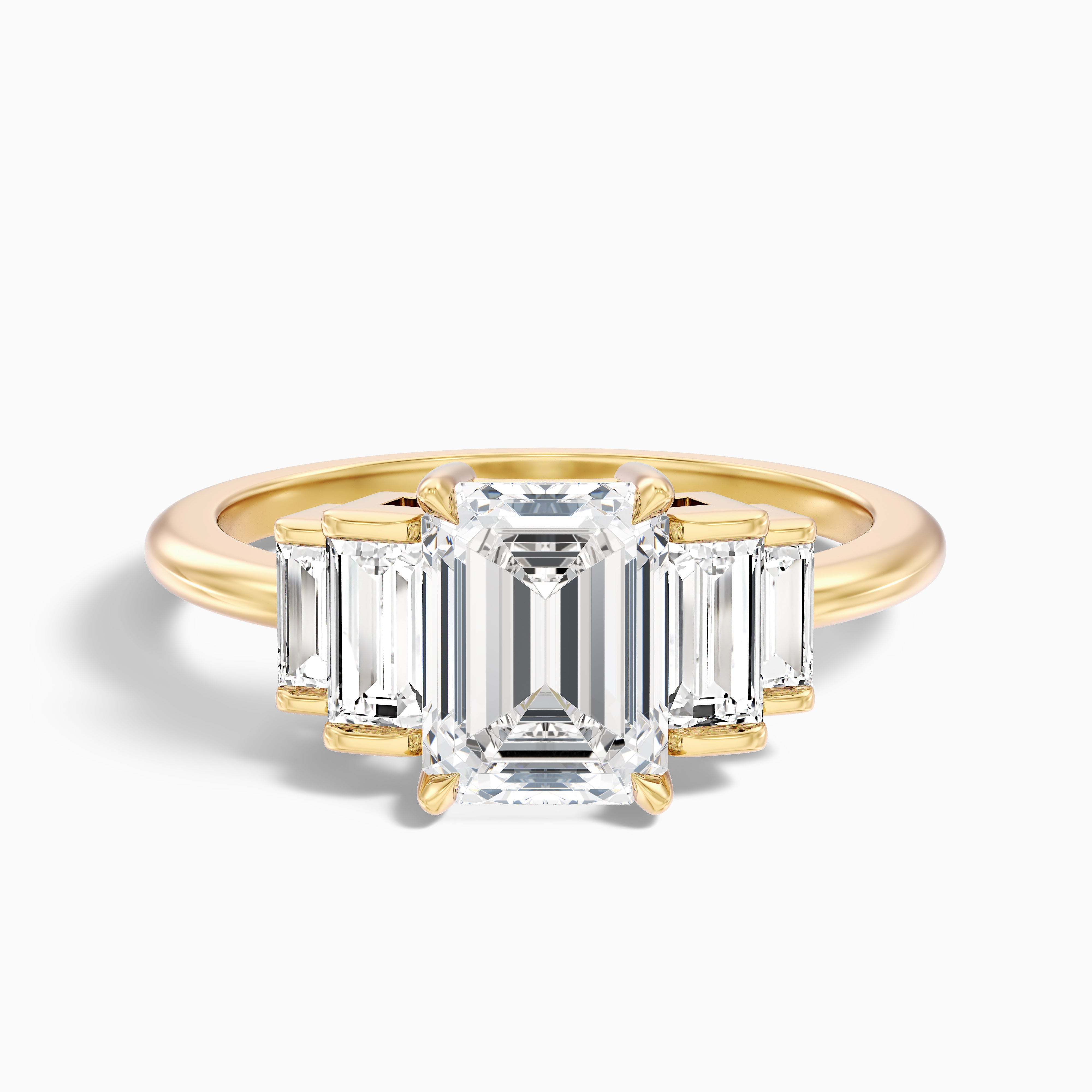 Kora 3 Carat Five Stone Emerald Cut With Baguette Side Stone Lab Grown Diamond Ring in 14k Yellow Gold
