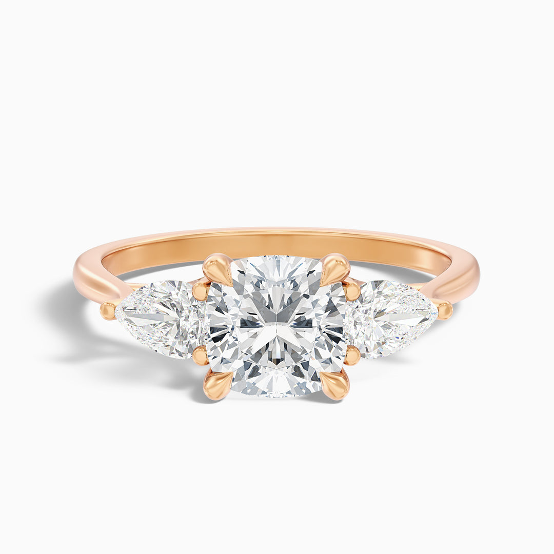 Hilary 1 Carat Three Stone Cushion With Pear SIde Stones Moissanite Diamond Ring in 10k Yellow Gold
