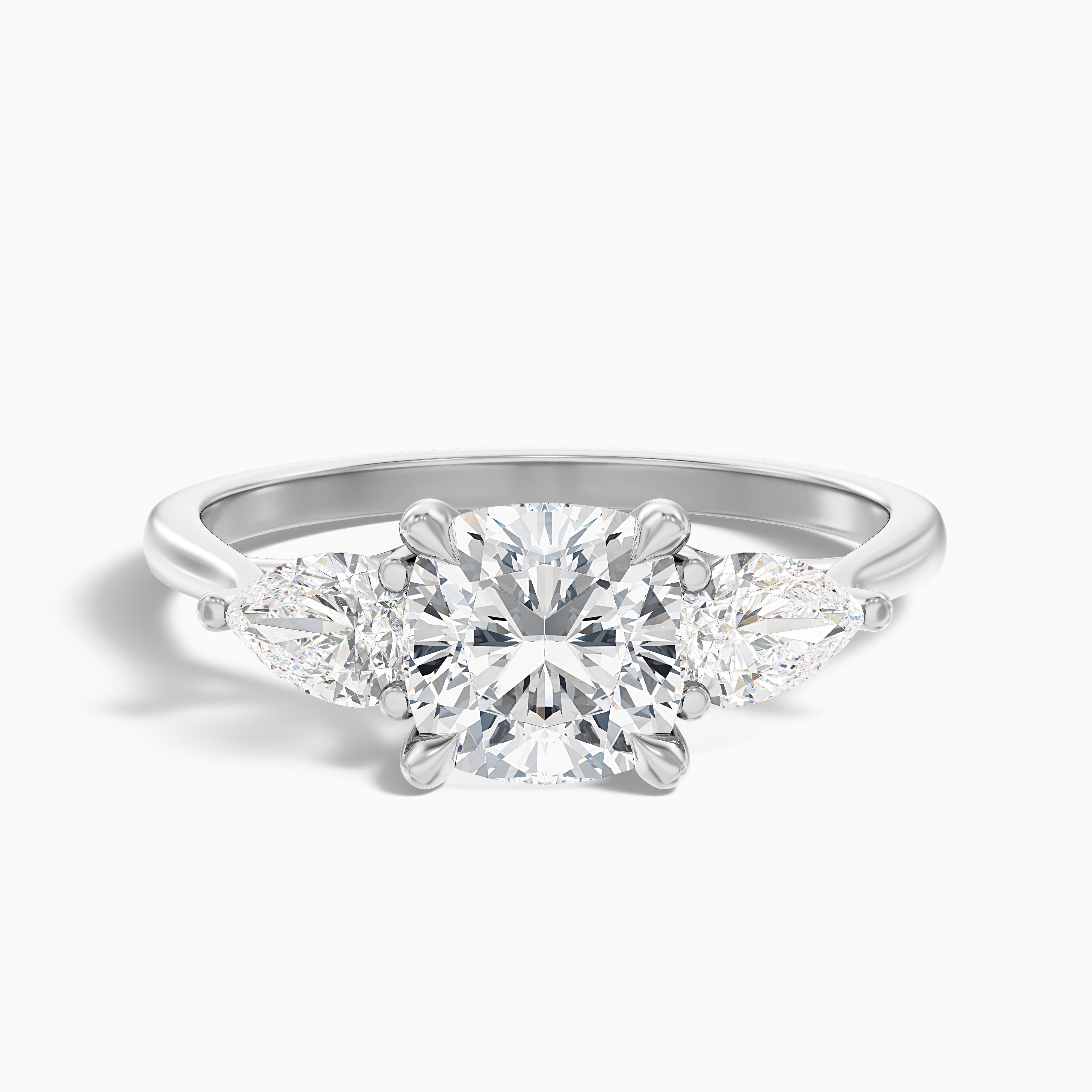 Hilary 1 Carat Three Stone Cushion With Pear SIde Stones Moissanite Diamond Ring in 10k White Gold
