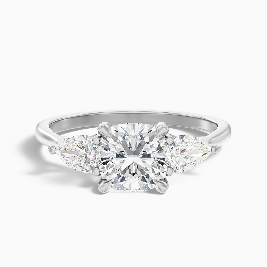 Elva 5 Carat Three Stone Cushion With Pear Side Stones Lab Grown Diamond Ring in 925 Sterling Silver