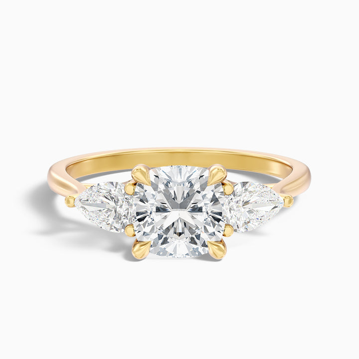 Hilary 1 Carat Three Stone Cushion With Pear SIde Stones Moissanite Diamond Ring in 10k Yellow Gold