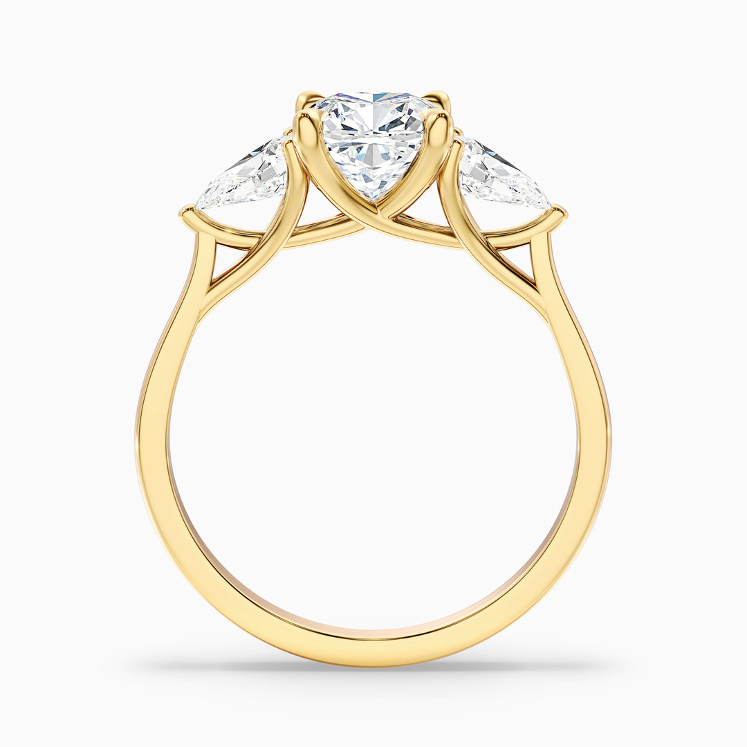 Hilary 1 Carat Three Stone Cushion With Pear SIde Stones Moissanite Diamond Ring in 10k Yellow Gold