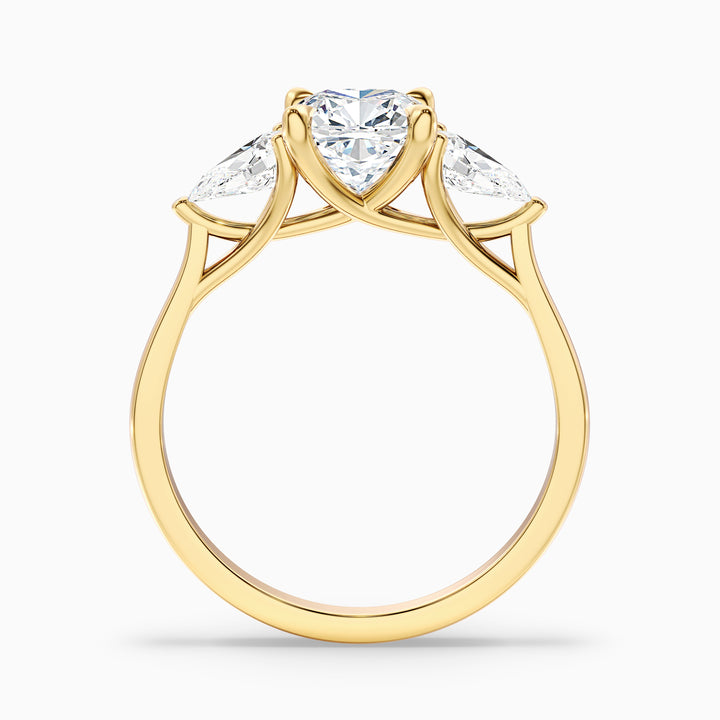Hilary 1 Carat Three Stone Cushion With Pear SIde Stones Moissanite Diamond Ring in 10k Yellow Gold