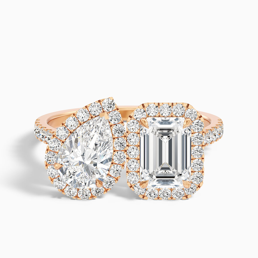 ayana 1 carat toi et moi halo ring in 925 sterling silver with pear and emerald lab grown diamond - Front View