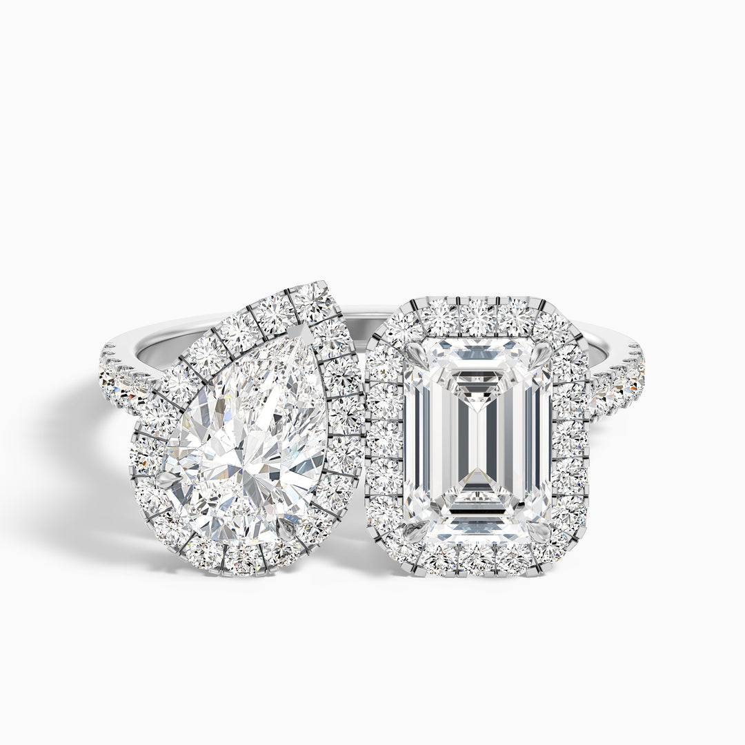 ayana 1 carat toi et moi halo ring in 925 sterling silver with pear and emerald lab grown diamond - Front View