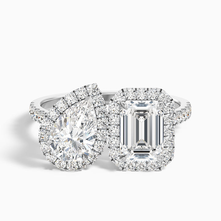 ayana 1 carat toi et moi halo ring in 925 sterling silver with pear and emerald lab grown diamond - Front View
