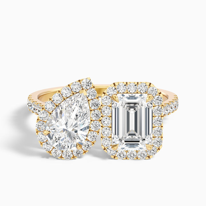 ayana 1 carat toi et moi halo ring in 10k yellow gold with pear and emerald lab grown diamond - Front View